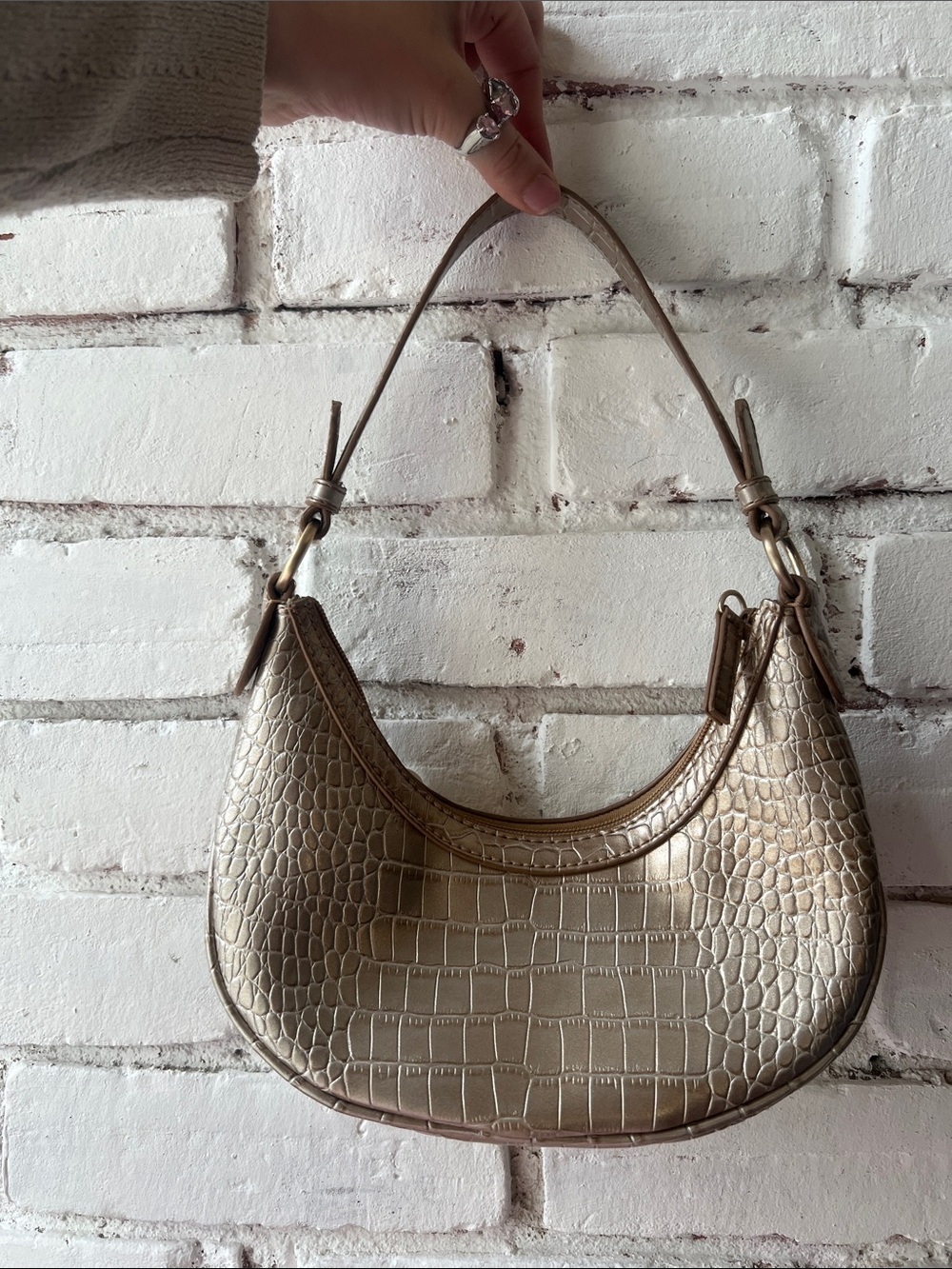 Metallic Croc-Embossed Shoulder Bag - Gold faux leather mini baguette